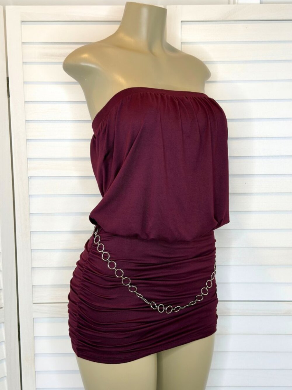 Heart & Hips Dark Burgundy Blouson Tube Mini Dress with Chain Detail